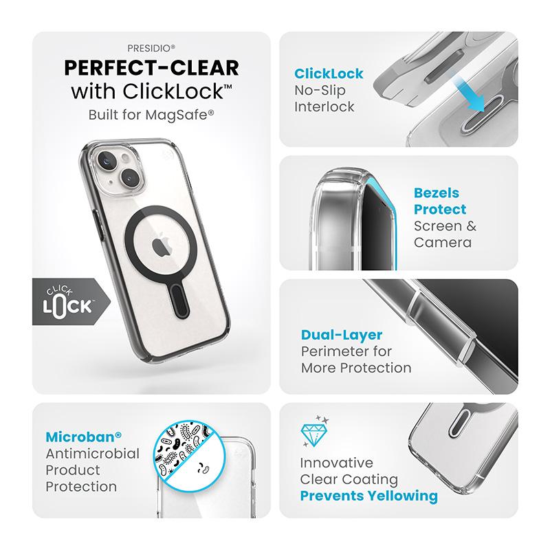 Speck Presidio Perfect-Clear Clicklock & Magsafe - Etui Iphone 15 / Iphone 14 / Iphone 13 (Clear / Frosted Black / Slate Grey)