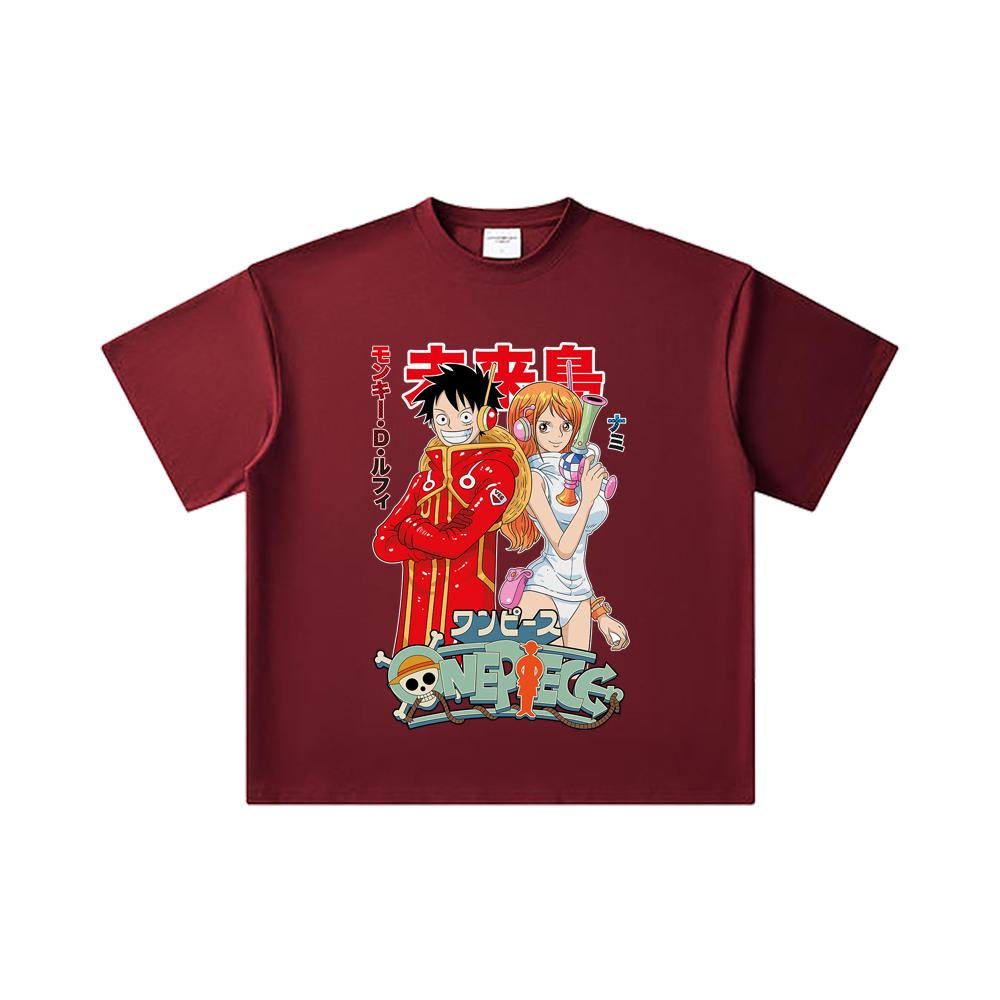 

260 GSM Double Yarn 32 Count 100% Cotton One Piece V71 Luffy Nami Egghead Print Unisex Heavy Cotton T Shirt 2XL вина червоного кольору