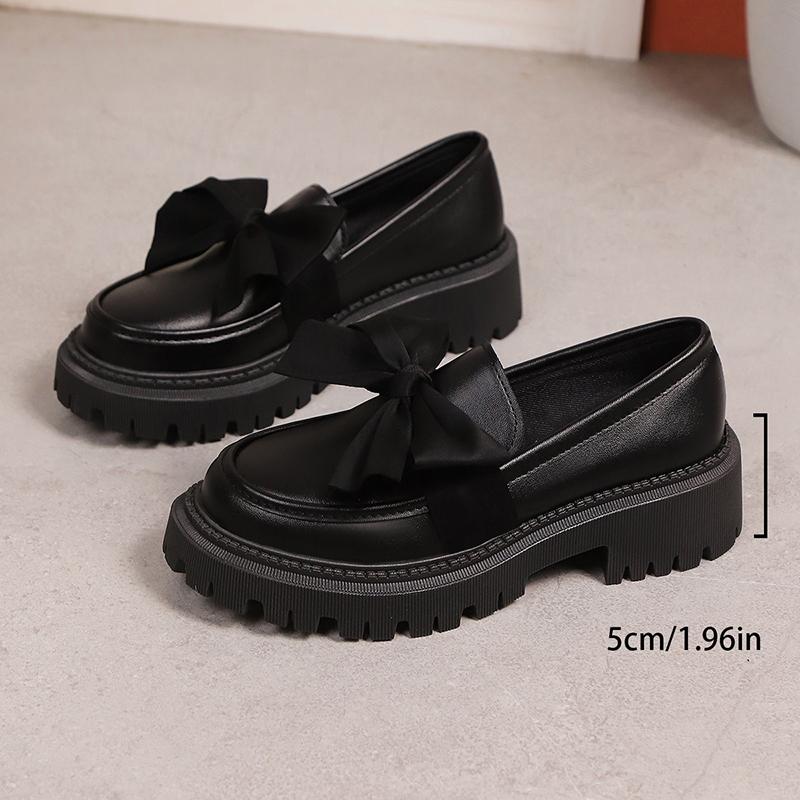 Fashion Bowknot Platform Loafers Women 2025 British Style Thick Bottom Pu Leather Shoes Woman Comfortable Slip On Flats Plus Size 35-42