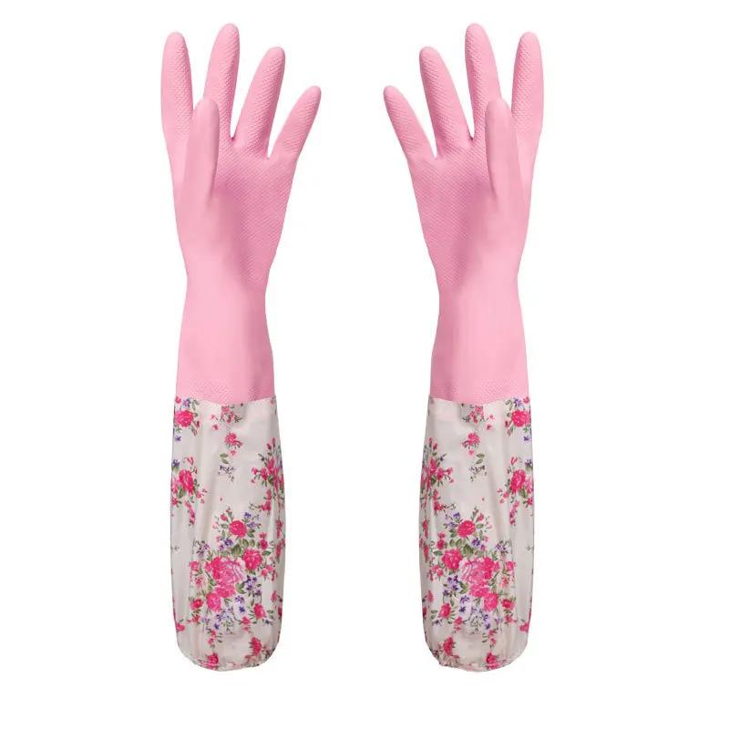 Blume Gummi Samt Lange Handschuhe Haushalt Rutschfeste Waschen Reinigung Gericht