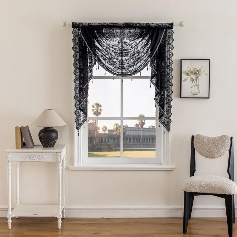Elegant Tiered Valance Curtain With Lace Trim Rod Pocket Semi-Sheer Floral Checkered Living Room Bedroom