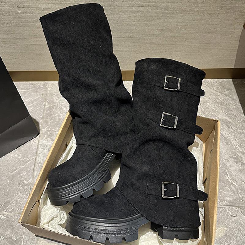 Fashion Winter Fashion Platform Thick Heel Woman Knight Boots Fashion Belt Buckle Slip On Mid Calf Booties