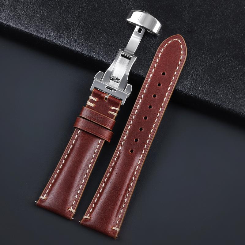 Echtes Leder Uhrenarmband 20/22/24mm Uhrenarmband Edelstahl Faltschließe Armband Gürtel für Herren Rot Schwarz Grün Blaues Band