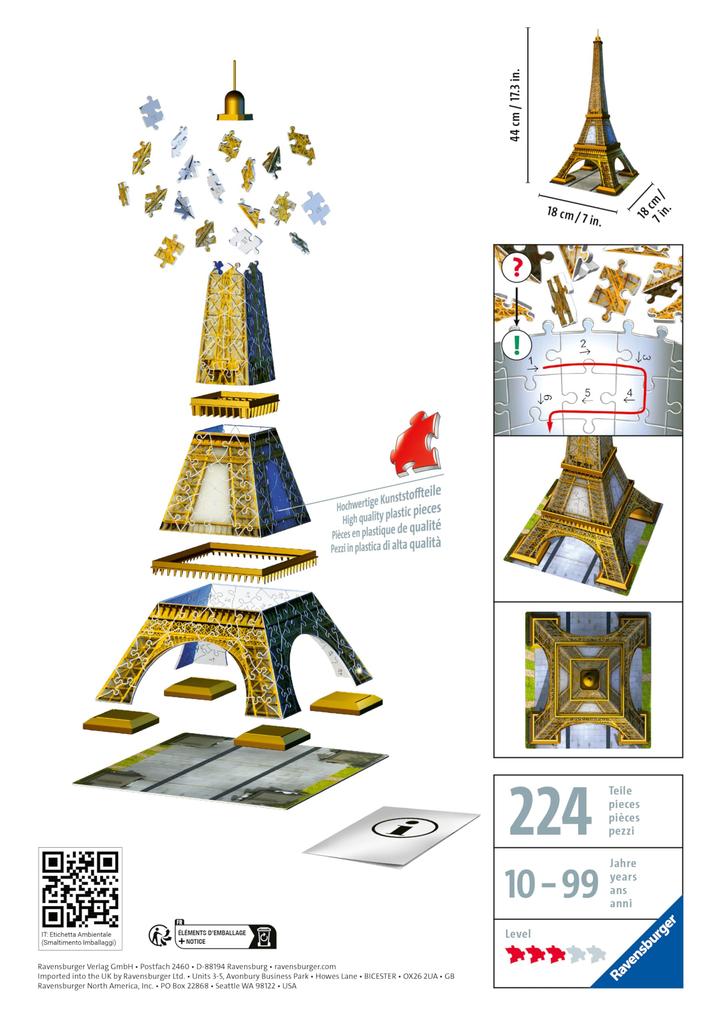 Ravensburger 3D Eiffel 216 Finished 44cm Recommended 3D Gift Puzzle Tower, pieces. size tall. (Item No. 12556) age 12+. [Puzzle, Puzzle,