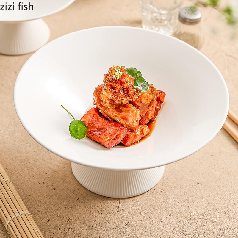 White Ceramic High Foot Plate Dining Plates Pasta Dish Cake Plate Dessert Bowls Fruit Bowl Salad Bowl Sashimi Plates Sushi Dish