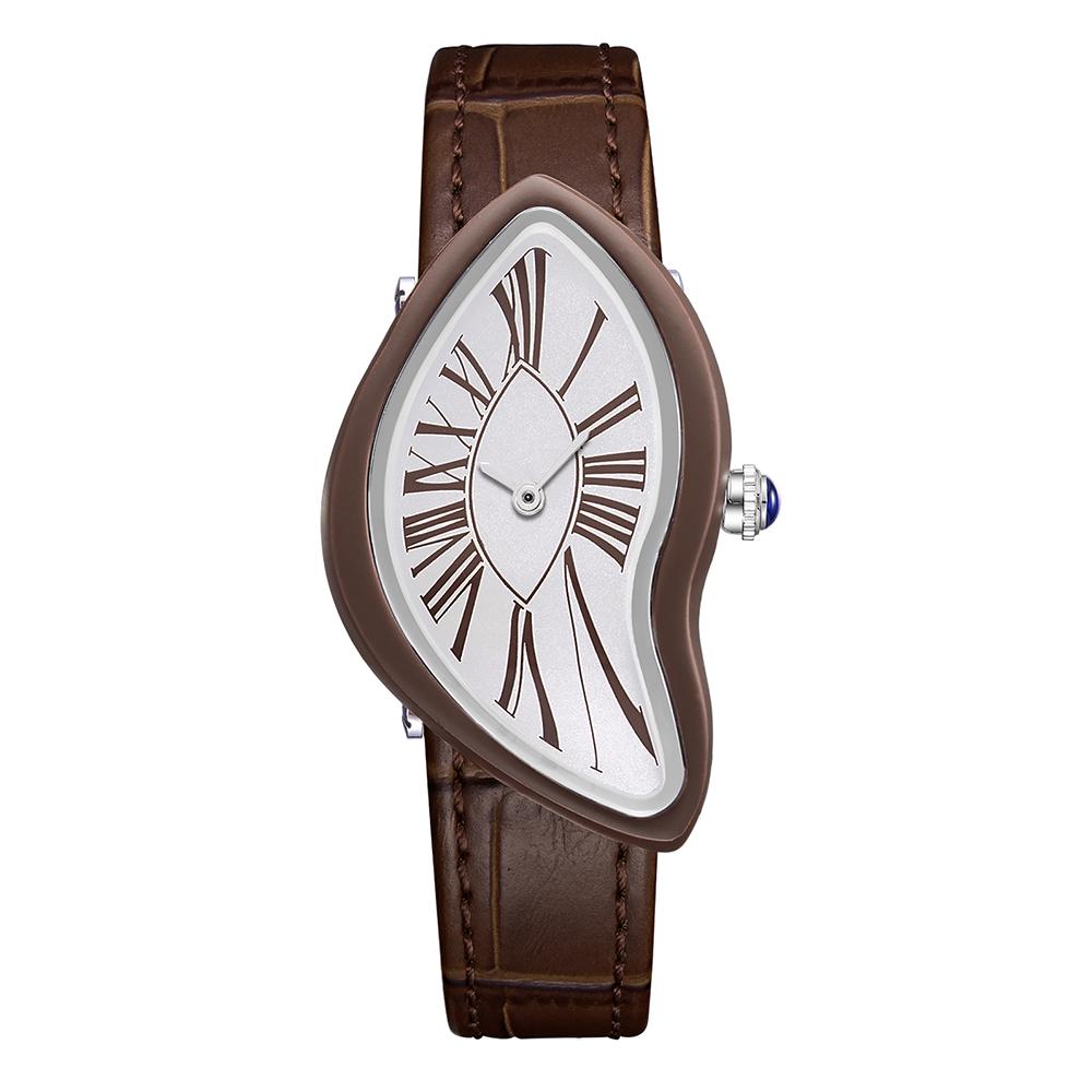 Dali Schmelzende Verzerrte Uhr Unregelmäßiges Römisches Zifferblatt Schwarzes Echtes Lederarmband Surrealistische Kunst Damenuhr Quarz Armbanduhr
