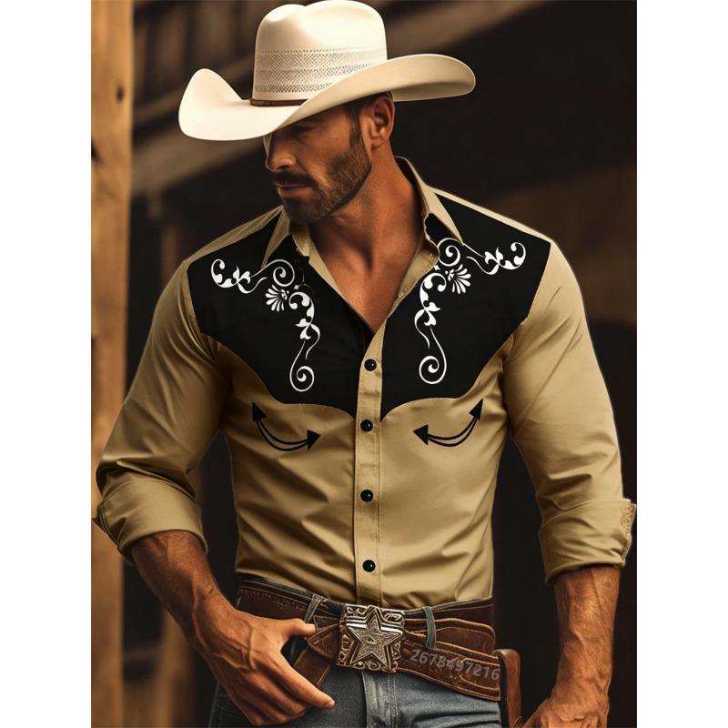 Nuova Camicia da Uomo a Maniche Lunghe, Stile Western Cowboy con Stampa a Fantasia Vintage, Top da Uomo alla Moda a Maniche Lunghe con Collo a Revers.