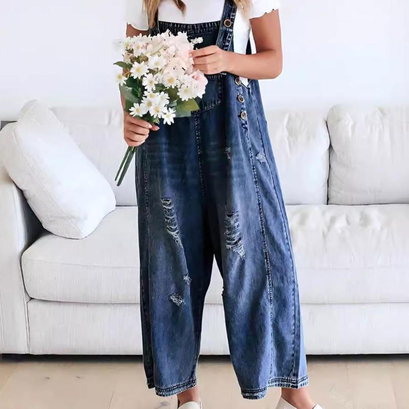 

Модные ретро потертые отверстия свободные широкие штанины удобные повседневные джинсовые комбинезоны женские XXL темно-синий