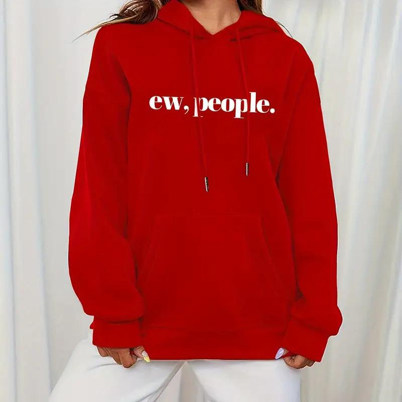 Ladies Spring Autumn Casual Hooded Long Sleeve Big Pocket  EW.PEOPLE Letter Printed Pullover Hoodies Sweatshirt Top