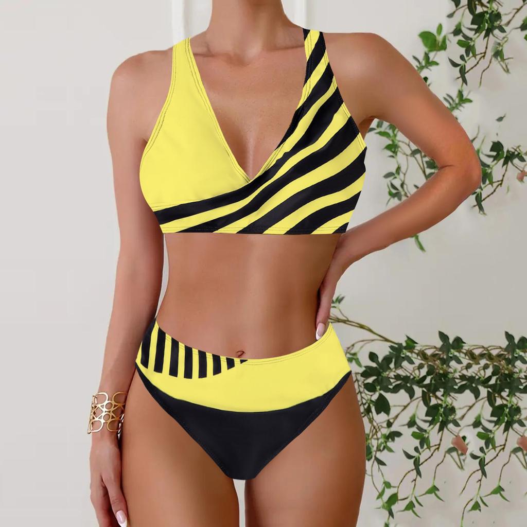 Plus Size Women Fashion Sexy Round Neck Tilted Stripe Bikini Set Slim Fit Beach Swimsuits Two Piece Set