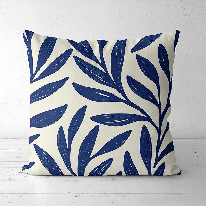 Cuscini Decorativi a Fantasia Foglie Blu per Arredo Casa Federa quadrata in poliestere, copricuscino decorativo moderno per divano