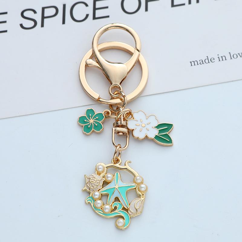 Ocean Style Starfish & Shell Keychain Pendant – Cherry Blossom Drip Oil Alloy Bag Charm DIY Accessory