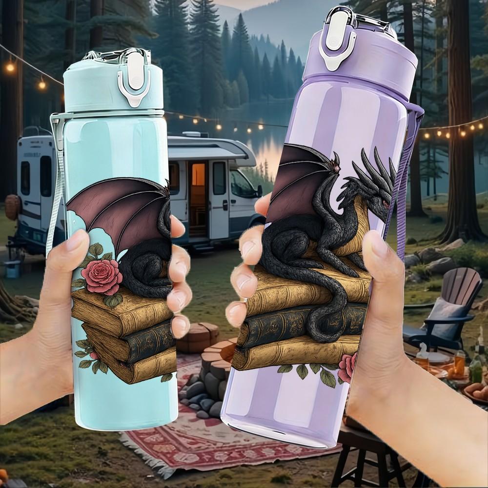 1PC Floral Dark Dragon 750ml Color Plastic Sports Water Bottle Leakproof Flip Straw Lid Suitable for Sports Office Home Use