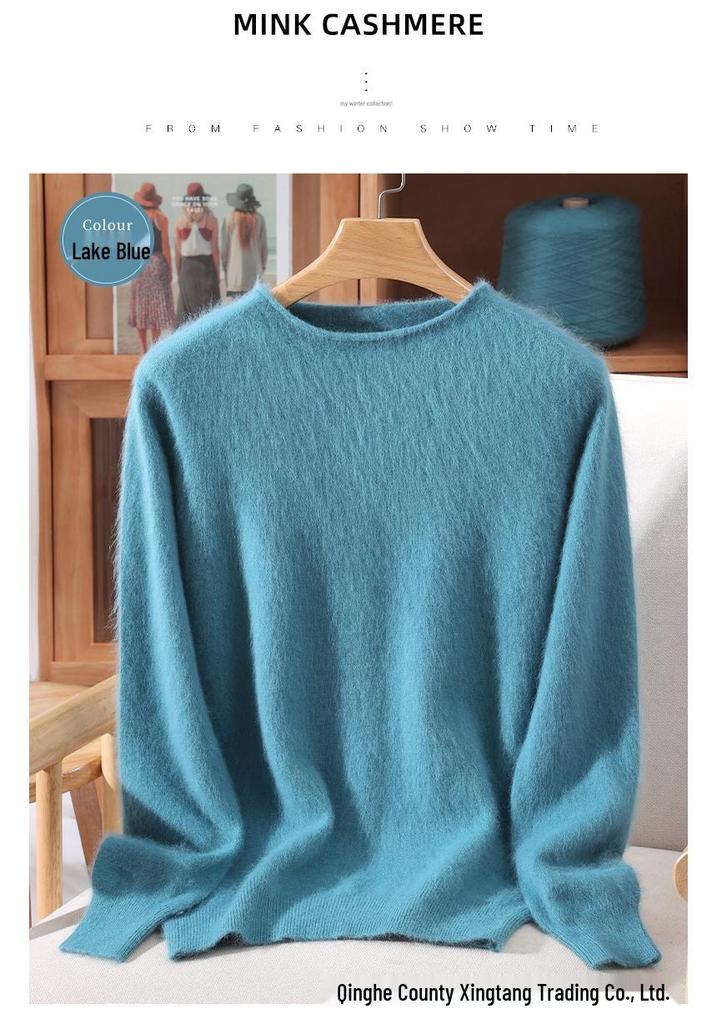 Women's Mink Cashmere Short Sweater with Half-High Collar and Rabbit Fur Knit, Slimming Fit