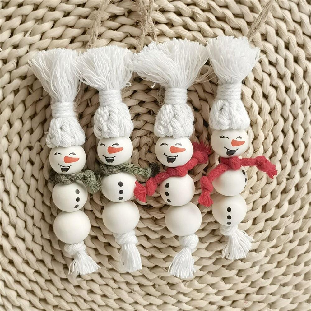 Bohemian Macrame Snowman Ornament Set, Handmade Wooden Bead Christmas Hanging Decor, 2/3/4Pcs Boho Winter Tree Decoration
