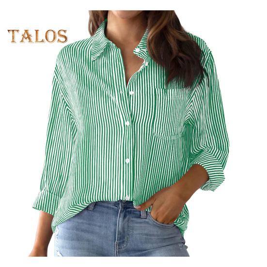 

Женская повседневная рубашка с лацканами и длинными рукавами, рубашка с нагрудным карманом, топы, однобортные свободные топы с принтом в вертикальную полоску, уличная одежда L светло-зеленый