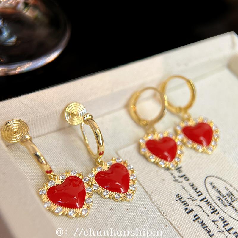 Retro festive New Year s red love ear clips, earrings without earholes, small fragrant wind dripping oil,advanced sense mosquito coil disc ear buckles