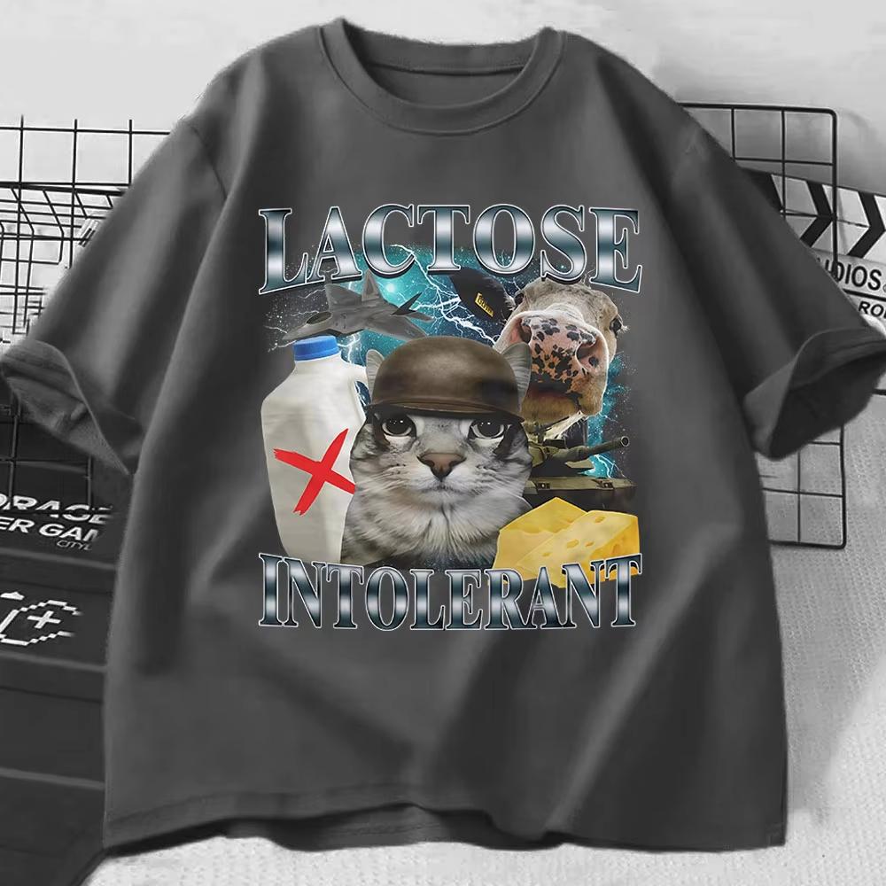 2026 HOT SALE Lactose Intolerant Funny Cat Meme T-Shirt Men Women Retro Fashion Short Sleeve T-shirts Cotton Casual Cozy Oversized T Shirts Tee Top