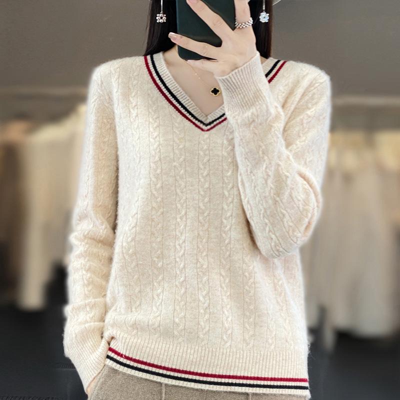 2025 Spring Women's Korean-Style V-Neck Knit Pullover Sweater Plush Base Layer
