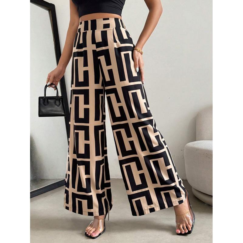Women s High Waist Geometric Print Wide Leg Pants Loose Fit Casual Elastic Waist Palazzo Trousers S