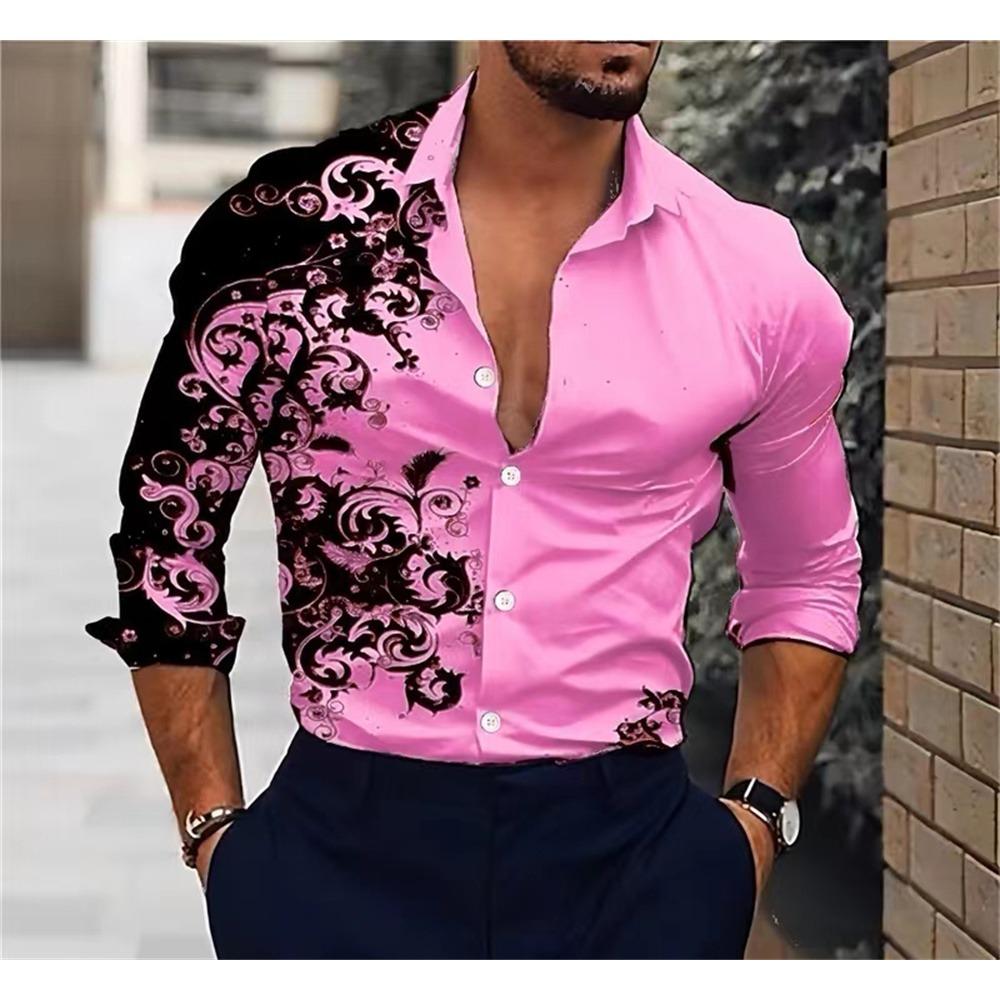 2024 New Men's Casual Street Print Pattern Shirt Fashion Casual Spring and Autumn Splicing Long Sleeved Lapel Shirt Tops