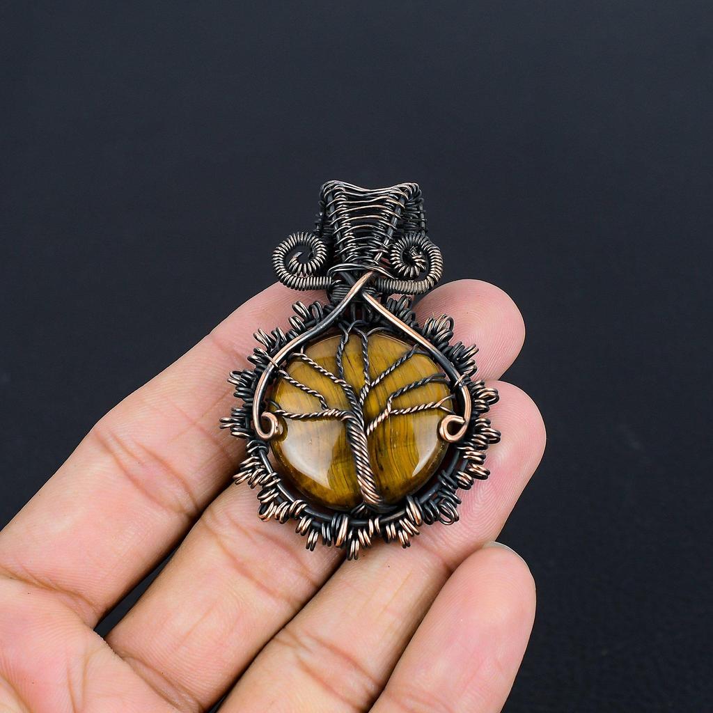 Tiger's Eye 999 Copper Wire Wrapped Pendant, Handmade Gemstone Pendant, Gift For Mom Antique Jewelry
