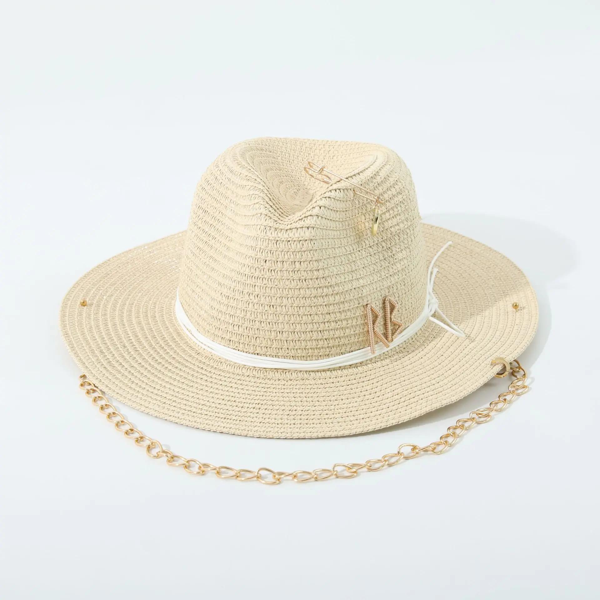 

Fashionable Metal RB Letter Straw Hats for Women Men Summer Outdoor Holidays Beach Sun Hat Panama Hat 56-58CM