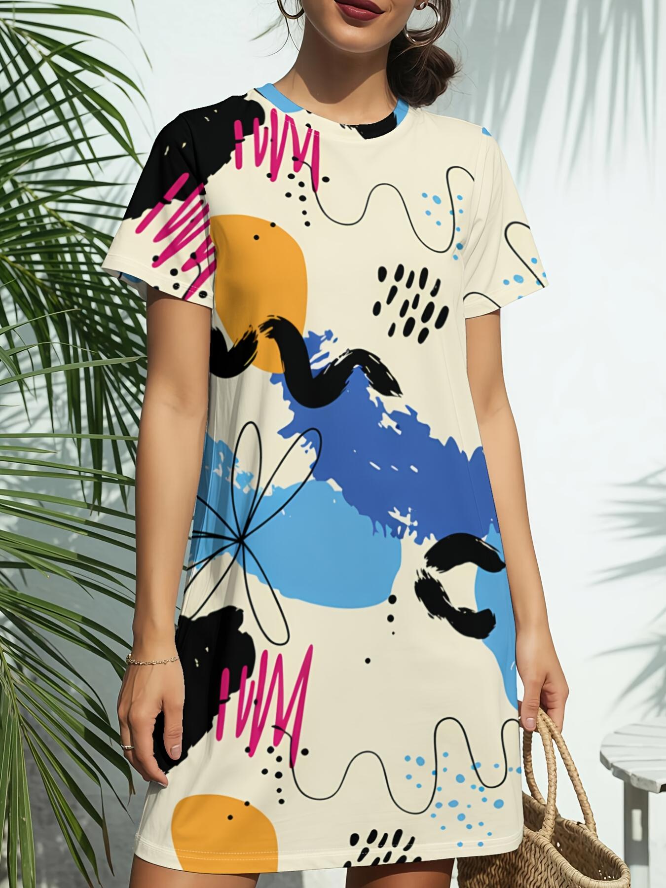 

Women s Short Sleeve T-Shirt Dress with Round Neck - Colorful Bird Print Casual Dress Suitable for Spring Summer Outfits. American Style Tunic Dress f 6XL дубильна кора