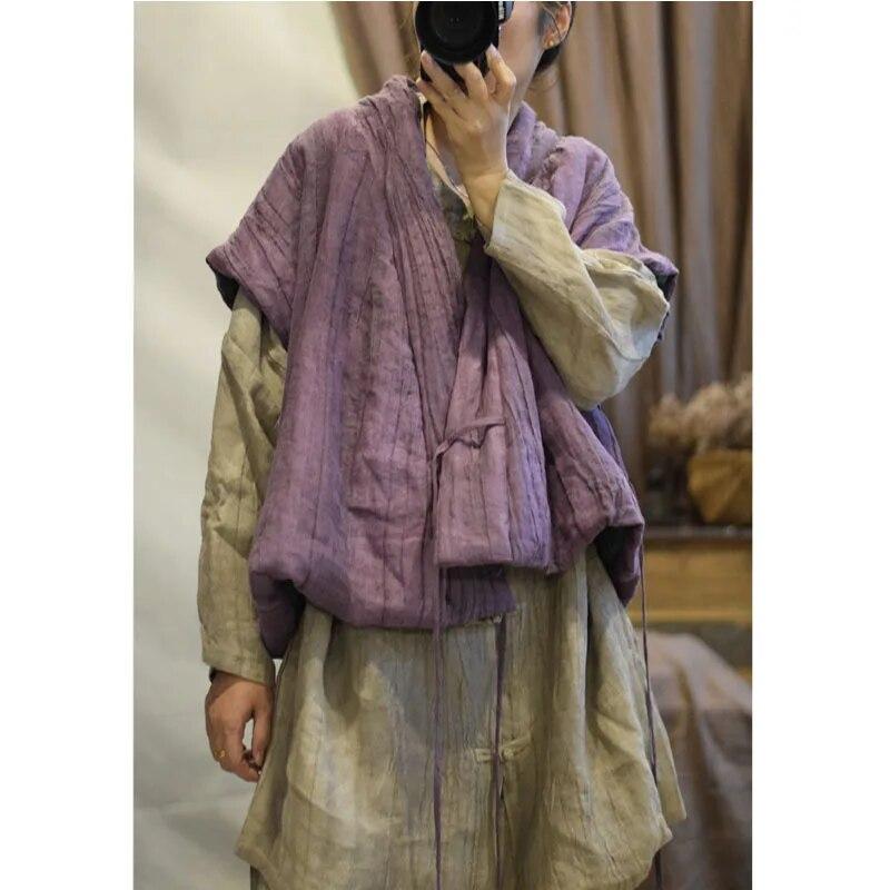 Johnature Podzimní žena Povlečení Nepravidelná vesta ve vintage stylu Jednobarevné čínské stylové ležérní bavlněné oblečení