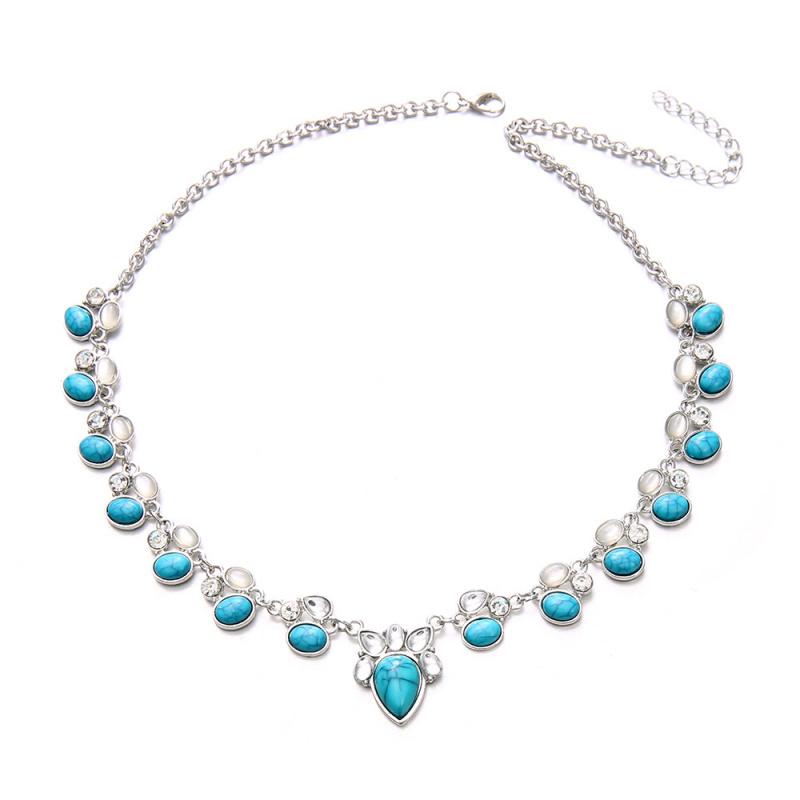 Female Creative Personalized Necklace Alloy Set With Turquoise Fashion Bohemian Style Flower Necklace Pendant Daily Jewelry Gift