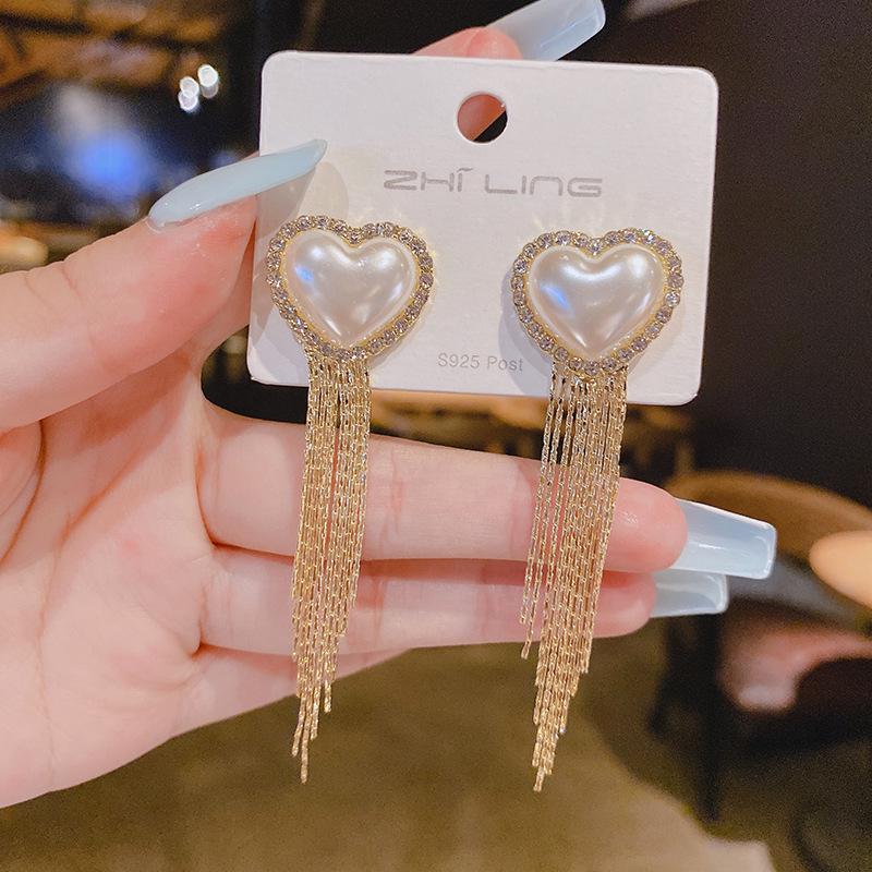 S925 Sterling Silver Heart-Shaped Rhinestone Pearl Studs: Two-Way Long Tassel Earrings