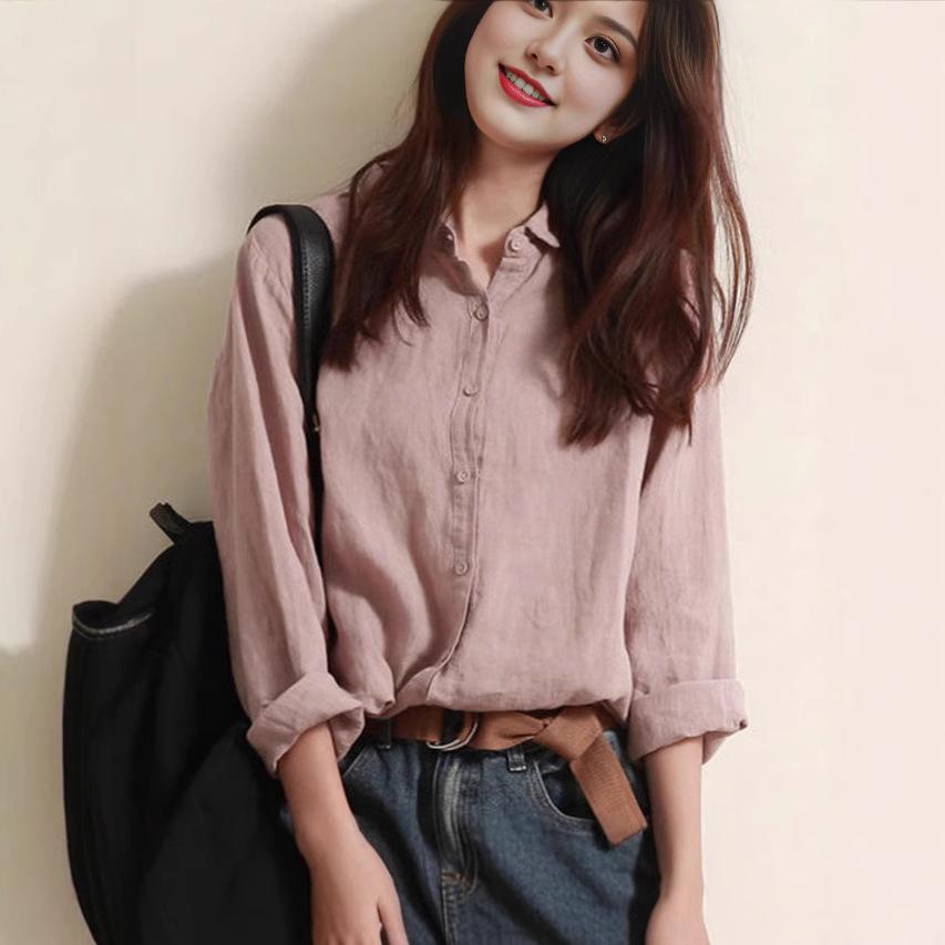 

Spring 2025 Korean Style Women s Loose Cotton Linen Long Sleeve Shirt Top XXL хакі