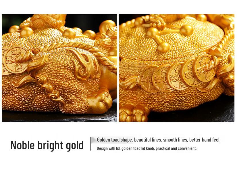 Golden Toad Resin Ashtray with Lid - Chinese Style Ornament for Home, Office, or Tea Table