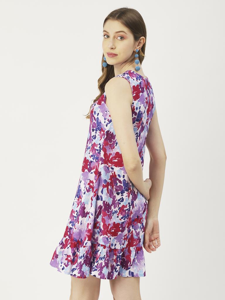 Moomaya Women  S Printed Short Dress, Sleeveless Frilled Hem Round Neck Mini
