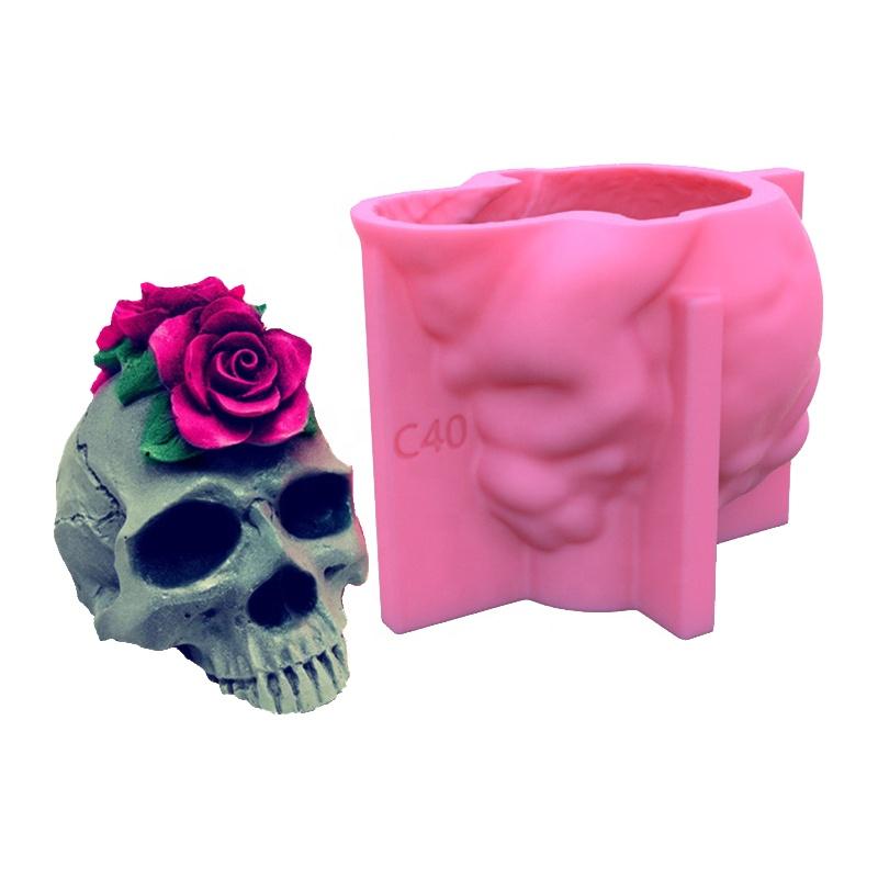Classic 3D Fine Grain 2 Roses on Skull Pattern Silicone DIY Loaf Soap Candle Ornament Mold