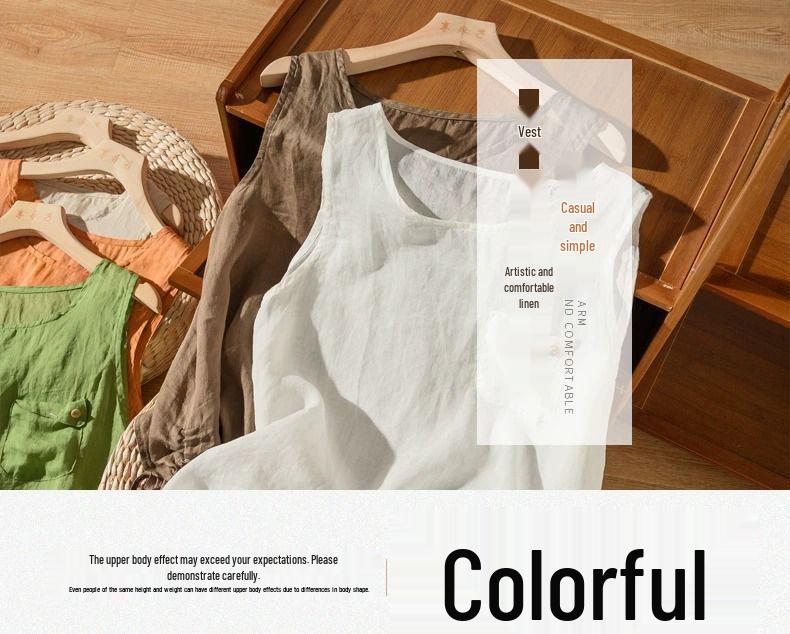 Leinen-Baumwoll Hosenträgerweste: Damen locker Sommer Basis-Oberteil