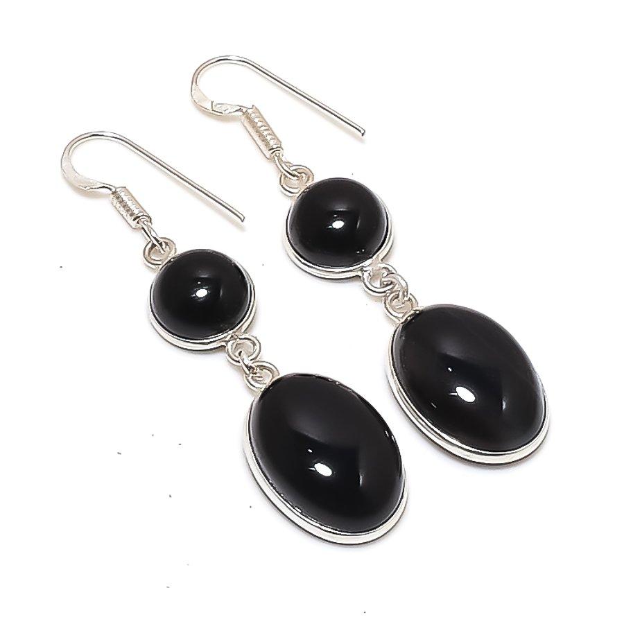 Natural Black Onyx Gemstone 925 Sterling Silver Jewelry Earring 2.17  AE-12009