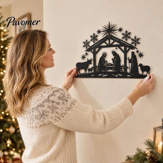 Iron Wall Hanging Art Nativity Scene Silhouette Decoration, Metal Manger Ornament for Indoor Waterproof Christmas Yard Sign and Outdoor Home