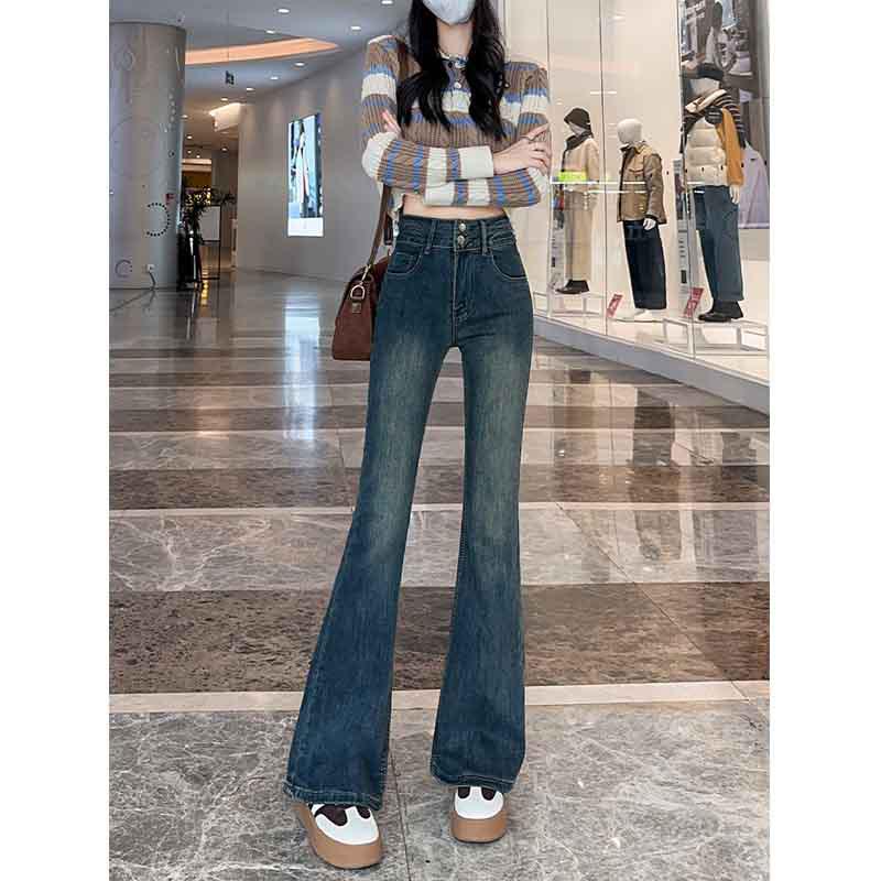 Women's Retro High Waist Fleece-Lined Flare Jeans – Autumn/Winter Slim Mopping Pants