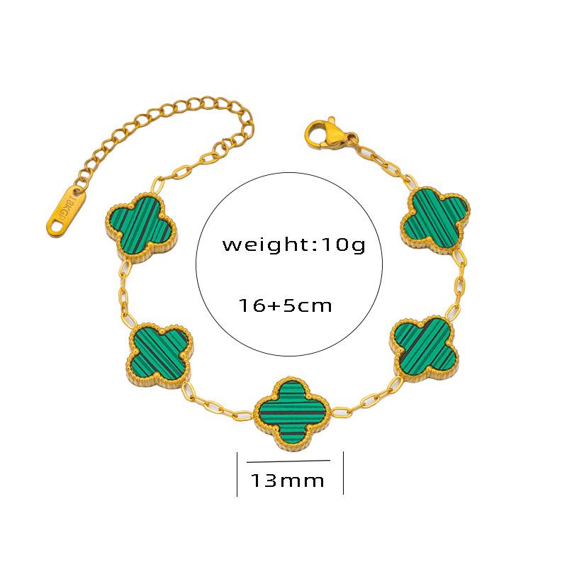 18K Gold Double-Sided Mother-of-Pearl Four-Leaf Clover Jewelry Set: Bracelet, Necklace, Ring, Earrings.