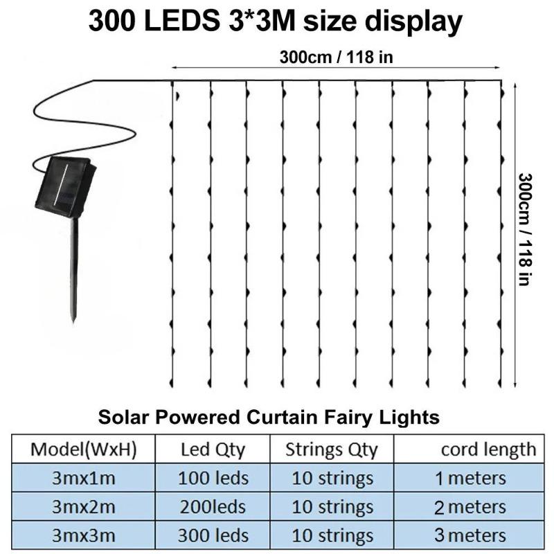 300 LED Solar Courtyard Curtain Lights Outdoor Waterproof Fairy String Lights With 8 Modes for Garden Window Bedroom Wedding