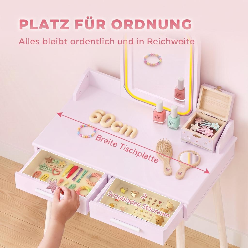 Kids Vanity Table Set 2 in 1 with LED Mirror for Girls Pink