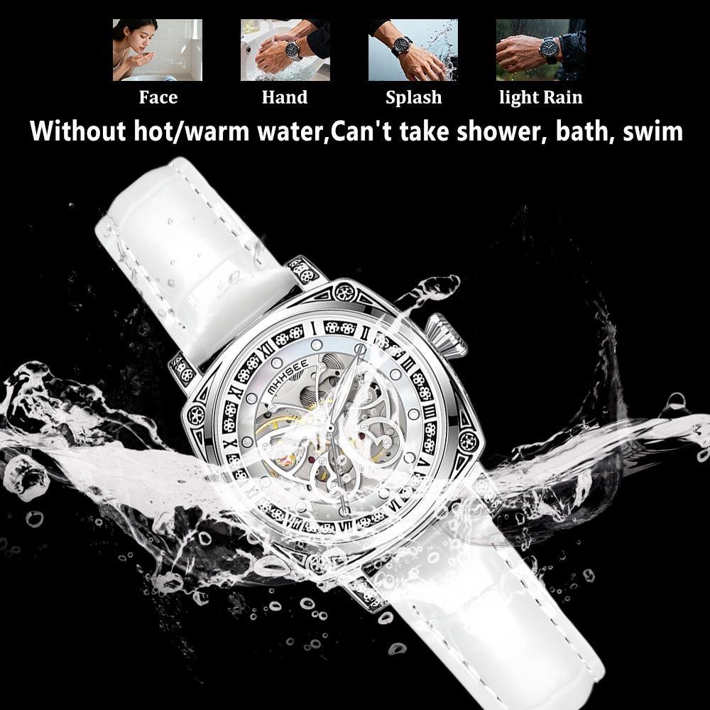 Automatic Mechanical Watch for Women Hollow‑Out Skeleton Dial Luminous Hands Watch Leather Band Waterproof