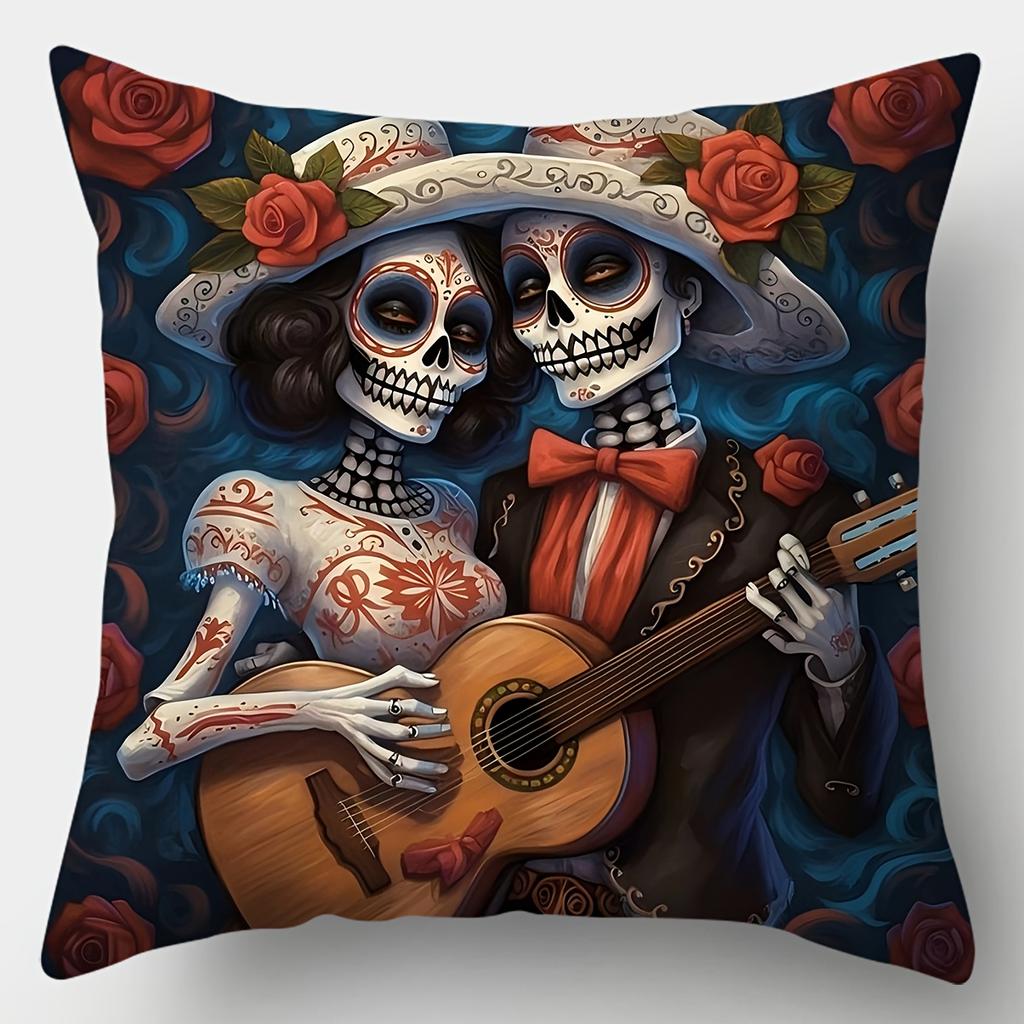 4Pcs Halloween Pillow Covers Romantic Skull Couple Pattern Double-Sided Printed 17.72X17.72Inch Polyester Sofa