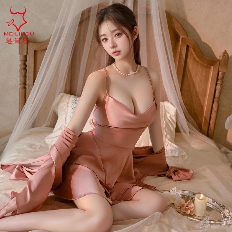 Sex underwear fashion skirt sexy pajamas ice silk large size suspender nightdress robe loungewear women's suit