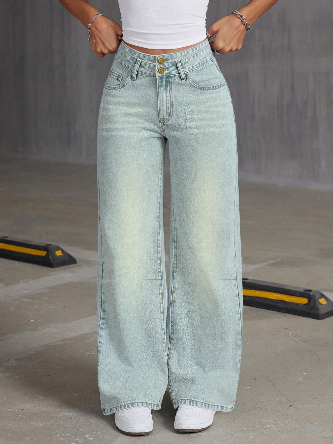 Women s Retro Double-Breasted Straight Jeans - Loose, Versatile Style Double Extra Large светло-синий