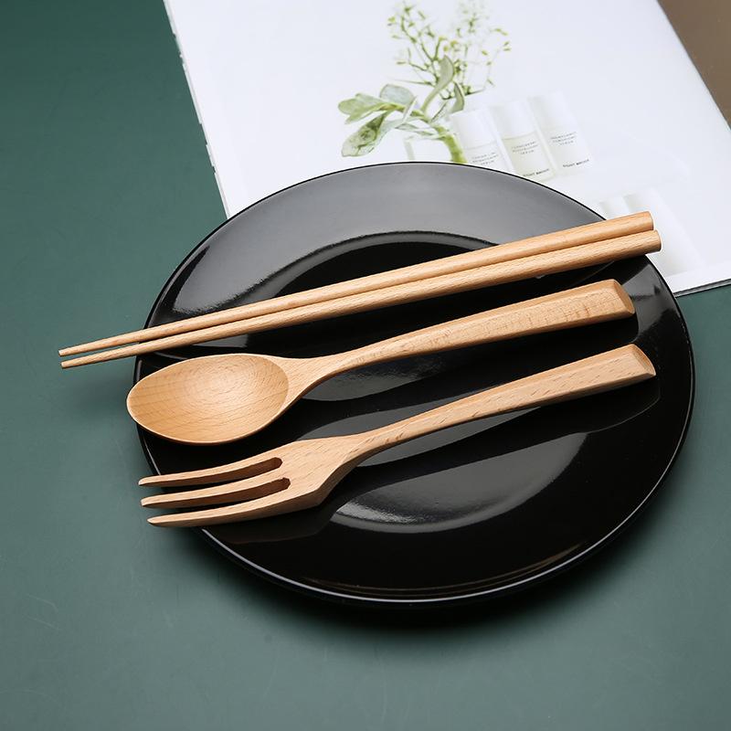 Chopstick Spoons Fork Handmade Japanese Natural Wood Chopsticks Spoon Set With Gift Pocket Beech Tableware