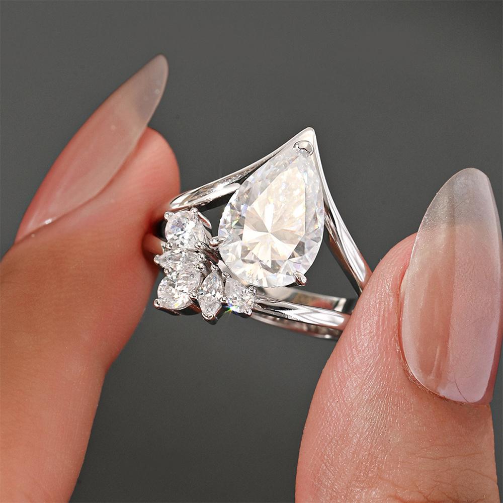 4Carat Pear Cut Full Moissanite Diamond Rings for Women   CopperStackable Engagement Ring Wedding Bands Jewelry Gift