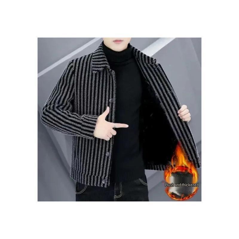 

Мужское шерстяное пальто высокого класса: Плюс Вельвет, Полосатый, Теплый Лацкан Повседневная Куртка на Осень и Зиму XL серый