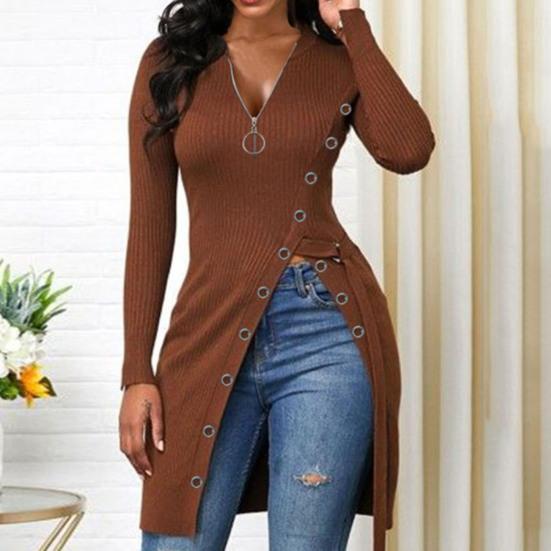 

Женская рубашка, однотонный женский свитер с высоким разрезом и длинным V-образным вырезом в рубчик